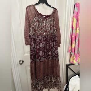 Sweet Magnolia Burgundy and Cream  Milkmaid prairie  flowy Floral Dress XL